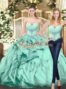 Custom Designed Floor Length Lace Up Sweet 16 Quinceanera Dress Apple Green for Military Ball and Sweet 16 and Quinceanera with Beading and Ruffles