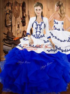 Low Price Strapless Sleeveless Quinceanera Gown Floor Length Embroidery and Ruffles Blue Satin and Organza