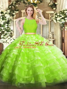 Free and Easy Yellow Green Ball Gowns Lace and Ruffled Layers Quince Ball Gowns Zipper Organza Sleeveless Floor Length