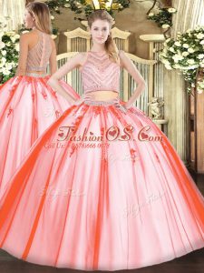 High Class Watermelon Red Two Pieces Scoop Sleeveless Tulle Floor Length Zipper Beading Sweet 16 Dress