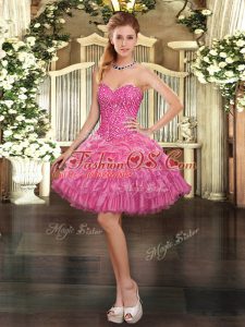 Fashionable Watermelon Red Ball Gowns Sweetheart Sleeveless Organza Mini Length Lace Up Beading and Ruffled Layers and Pick Ups Prom Dresses
