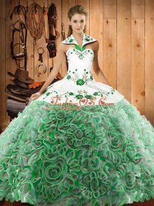 Elegant Multi-color Lace Up Halter Top Embroidery Sweet 16 Dress Fabric With Rolling Flowers Sleeveless Sweep Train