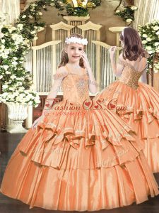 Sleeveless Organza Floor Length Lace Up Little Girls Pageant Dress Wholesale in Orange with Beading and Ruffled Layers