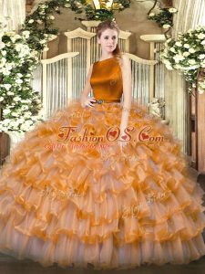 Edgy Floor Length Clasp Handle Quinceanera Dress Orange Red for Military Ball and Sweet 16 and Quinceanera with Ruffled Layers