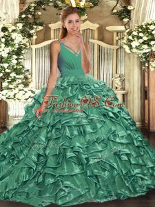 Elegant Apple Green Sleeveless Floor Length Beading and Ruffles Backless Quinceanera Dresses