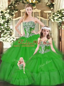 Green Lace Up Quinceanera Gown Beading and Ruffled Layers Sleeveless Floor Length