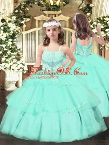 On Sale Apple Green Sleeveless Beading and Ruffled Layers Floor Length High School Pageant Dress