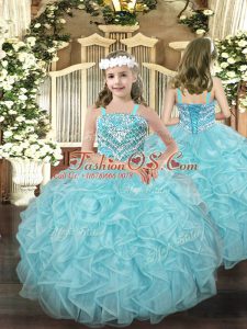 Cute Sleeveless Lace Up Floor Length Beading and Ruffles Kids Pageant Dress
