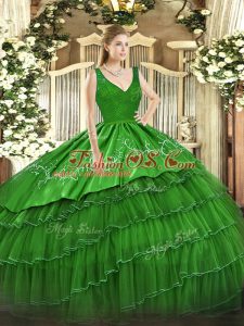 Stylish Green Organza and Taffeta Backless Quinceanera Dress Sleeveless Floor Length Beading and Lace and Embroidery and Ruffled Layers
