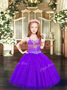 Simple Beading Little Girls Pageant Dress Purple Lace Up Sleeveless Floor Length