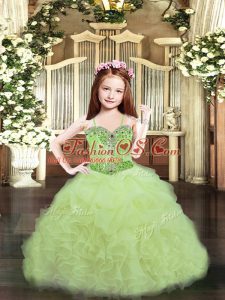 Sweet Yellow Green Lace Up Spaghetti Straps Beading and Ruffles and Pick Ups Little Girl Pageant Dress Organza Sleeveless
