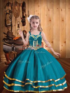 Wonderful Teal Organza Lace Up Little Girl Pageant Gowns Sleeveless Floor Length Embroidery and Ruffled Layers