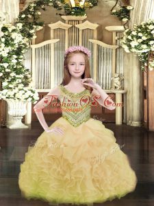 Cute Sleeveless Lace Up Floor Length Beading and Ruffles and Pick Ups Little Girls Pageant Gowns