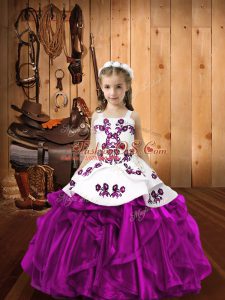Fancy Fuchsia Organza Lace Up Pageant Dress Womens Sleeveless Floor Length Embroidery and Ruffles