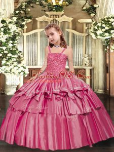 Rose Pink Sleeveless Floor Length Beading and Ruffled Layers Lace Up Little Girls Pageant Dress Wholesale