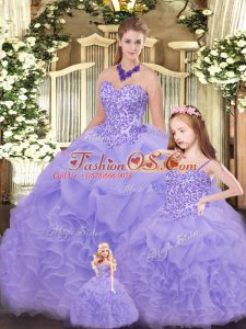 Most Popular Sleeveless Floor Length Beading and Ruffles Lace Up Sweet 16 Dress with Lavender