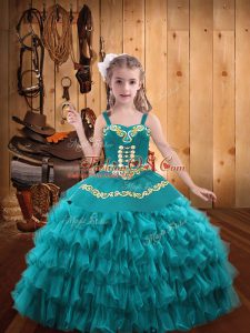 Straps Sleeveless Lace Up Evening Gowns Teal Organza