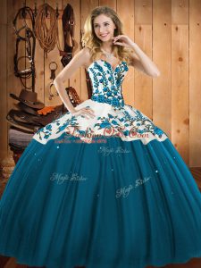 Hot Selling Teal Ball Gowns Sweetheart Sleeveless Satin and Tulle Floor Length Lace Up Embroidery Quince Ball Gowns