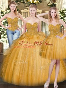Customized Beading and Ruffles Quinceanera Gown Gold Lace Up Sleeveless Floor Length