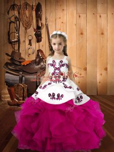 Simple Straps Sleeveless Kids Pageant Dress Floor Length Embroidery and Ruffles Fuchsia Organza
