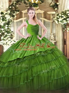 Designer Olive Green Quinceanera Gowns Military Ball and Sweet 16 with Ruffled Layers Straps Sleeveless Zipper