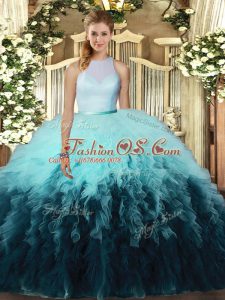 Adorable Multi-color Ball Gowns High-neck Sleeveless Tulle Floor Length Backless Ruffles Ball Gown Prom Dress
