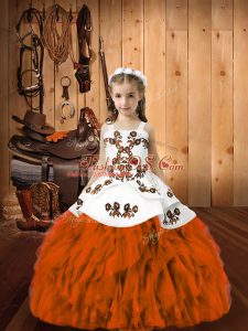 Orange Red Organza Lace Up Girls Pageant Dresses Sleeveless Floor Length Embroidery and Ruffles