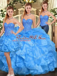 Baby Blue Quinceanera Dress Military Ball and Sweet 16 and Quinceanera with Beading and Ruffles Sweetheart Sleeveless Lace Up