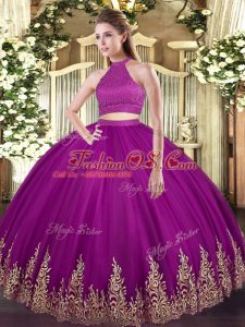 Fuchsia Sleeveless Floor Length Beading and Appliques Backless Quinceanera Dresses