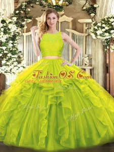 Yellow Green Zipper Scoop Ruffles 15th Birthday Dress Tulle Sleeveless