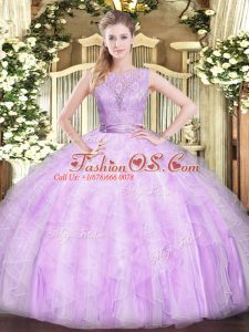 Classical Lilac Ball Gowns Organza Scoop Sleeveless Lace and Ruffles Floor Length Backless Sweet 16 Dresses