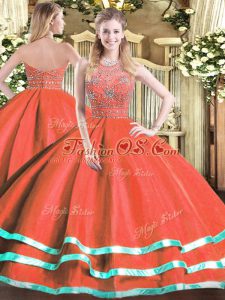 Free and Easy Halter Top Sleeveless Sweet 16 Dress Floor Length Beading Red Tulle