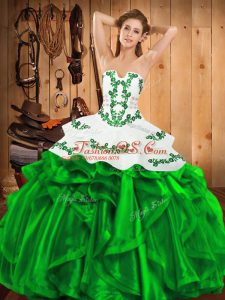 Romantic Embroidery and Ruffles Quinceanera Dresses Green Lace Up Sleeveless Floor Length