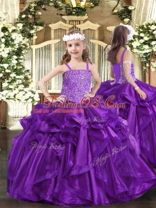 Straps Sleeveless High School Pageant Dress Floor Length Beading and Ruffles Purple Organza