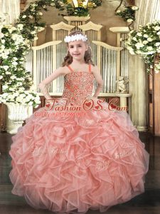 Sleeveless Floor Length Beading and Ruffles Lace Up Little Girl Pageant Gowns with Pink