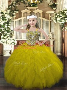 Custom Designed Olive Green Ball Gowns Straps Sleeveless Tulle Floor Length Lace Up Beading and Ruffles Little Girl Pageant Gowns