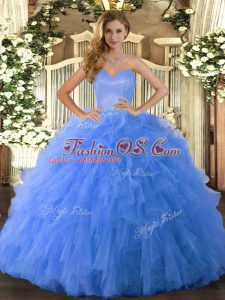 Sleeveless Tulle Floor Length Lace Up Quinceanera Dresses in Blue with Ruffles