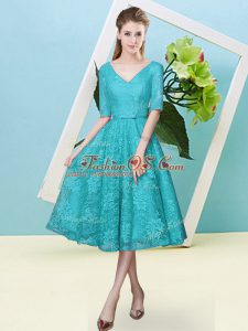 Stylish Tea Length Empire Half Sleeves Teal Bridesmaid Dress Lace Up