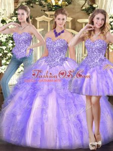 Luxury Lavender Organza Zipper Sweetheart Sleeveless Floor Length Quinceanera Gown Appliques and Ruffles