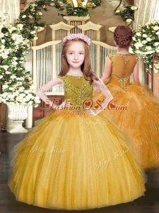 Sleeveless Floor Length Beading and Ruffles Zipper Girls Pageant Dresses with Gold