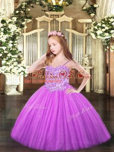 Lilac Lace Up Spaghetti Straps Appliques Pageant Gowns For Girls Tulle Sleeveless