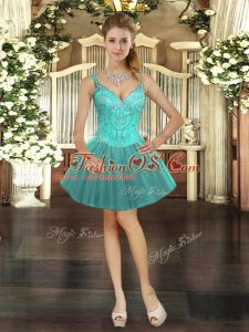 Flare Ball Gowns Homecoming Dress Turquoise V-neck Tulle Sleeveless Mini Length Lace Up