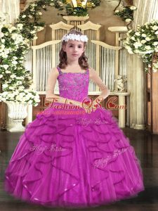 Glorious Fuchsia Ball Gowns Tulle Straps Sleeveless Beading and Ruffles Floor Length Lace Up Little Girl Pageant Dress