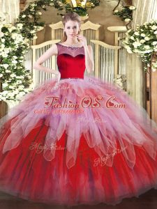 Popular Floor Length Multi-color Quince Ball Gowns Organza Sleeveless Beading and Ruffles