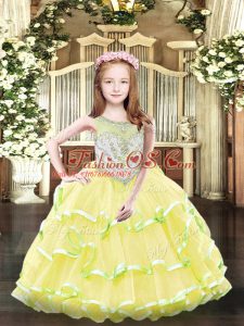 Yellow Organza Zipper Little Girl Pageant Dress Sleeveless Floor Length Beading and Ruffled Layers