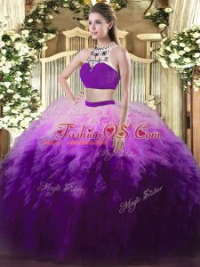 Comfortable High-neck Sleeveless Backless Quinceanera Dresses Multi-color Tulle