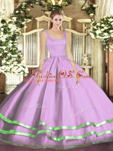 Dramatic Floor Length Lavender Quinceanera Dresses Tulle Sleeveless Ruffled Layers