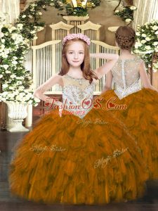 Cute Sleeveless Organza Floor Length Zipper Pageant Dress for Girls in Brown with Beading
