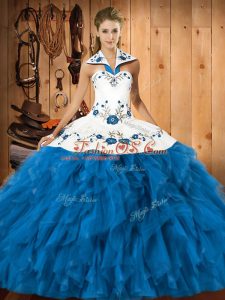 Trendy Teal Quinceanera Dress Military Ball and Sweet 16 and Quinceanera with Embroidery and Ruffles Halter Top Sleeveless Lace Up