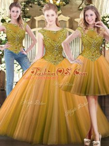 Olive Green Three Pieces Scoop Sleeveless Tulle Floor Length Zipper Beading Sweet 16 Dress